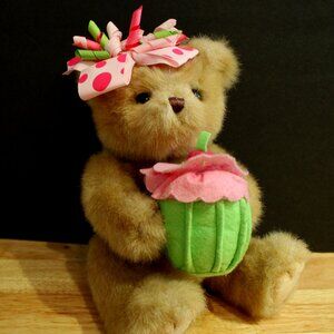 Bearington Bear Plush Casey with pink green cupcake and bows sitting toy bear